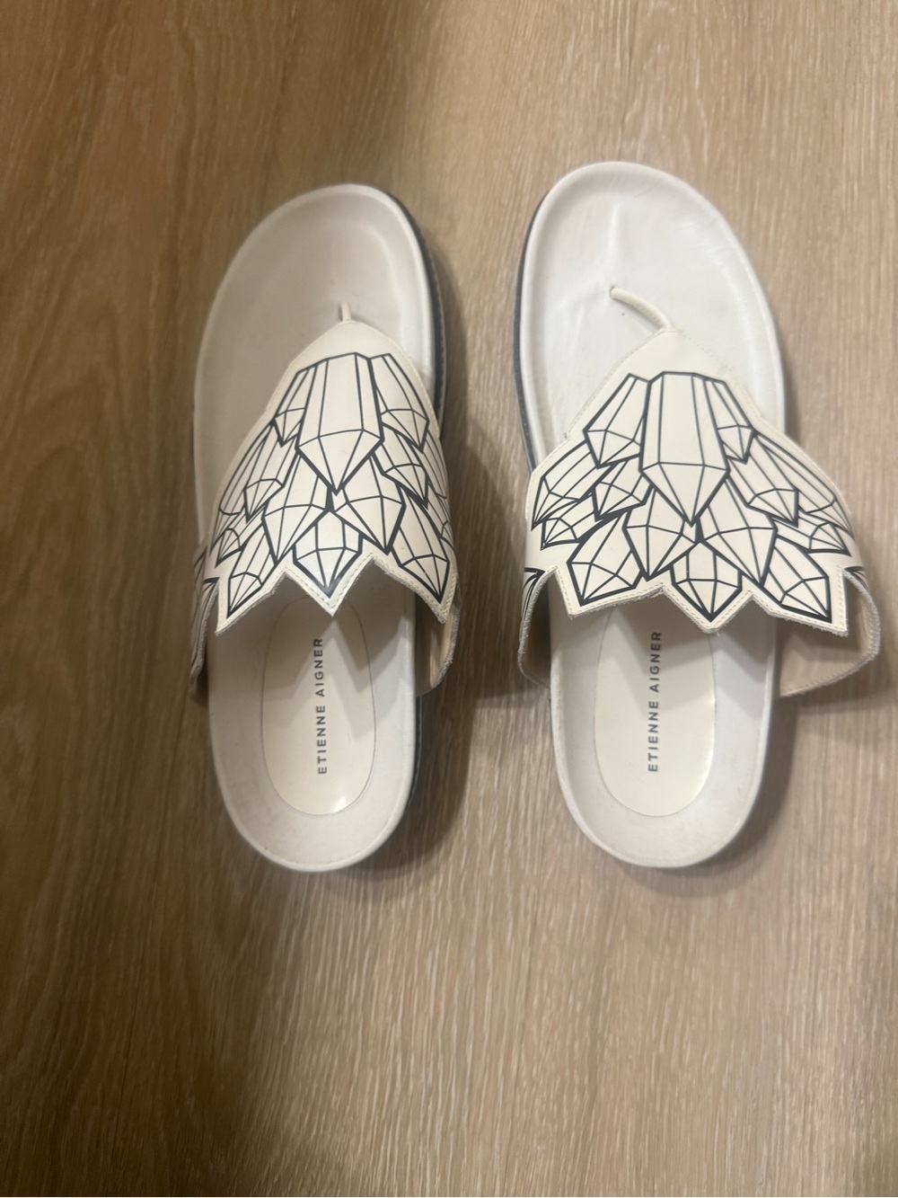 Etienne Aigner Cream Slide Sandals with Black Geometric/Crystal Overlay